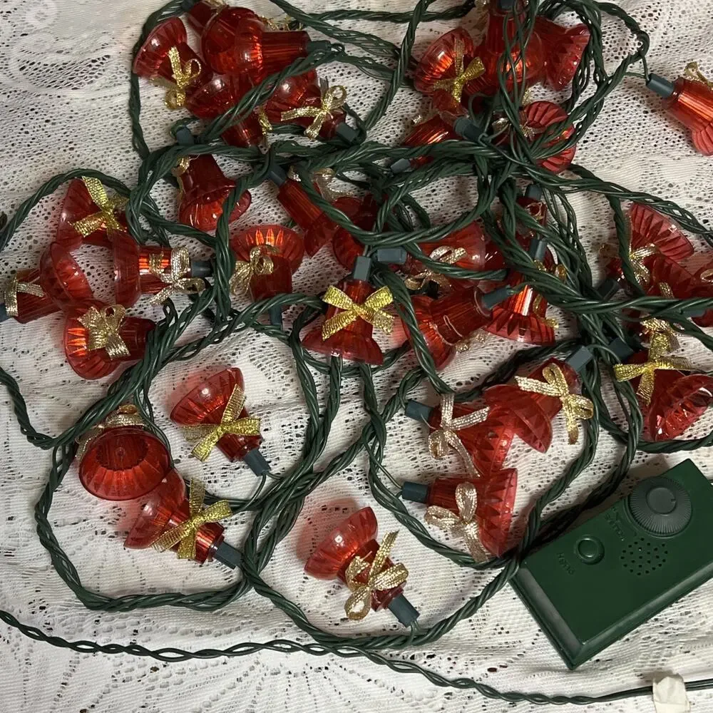 Vintage Christmas String Lights Red Bells Gold Bows Blinking Musical *READ